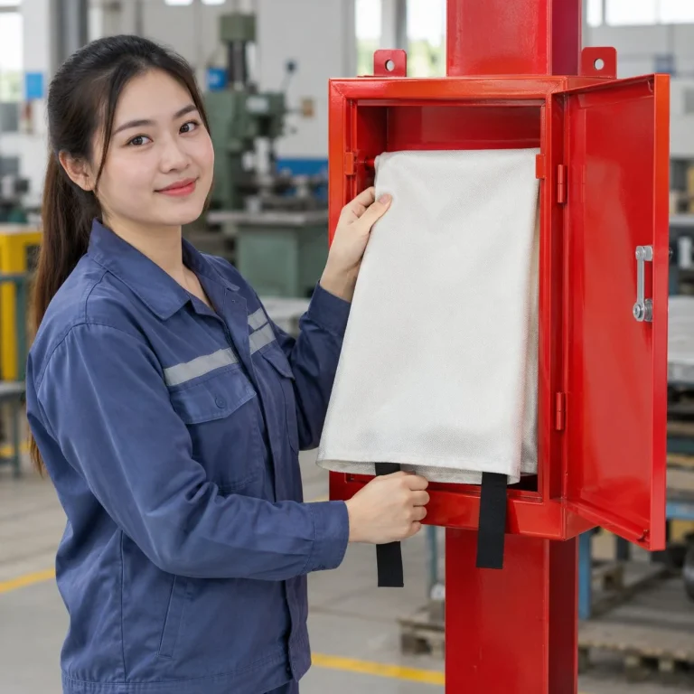 Chăn dập lửa dễ nhận diện thép sơn tĩnh điện màu đỏ cho nhà xưởng trên người mẫu Việt Nam