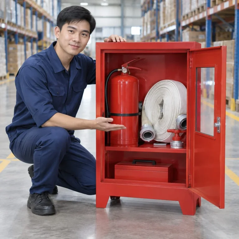 Tủ đựng thiết bị chữa cháy thiết kế gọn thép sơn tĩnh điện màu đỏ cho kho hàng trên người mẫu Việt Nam