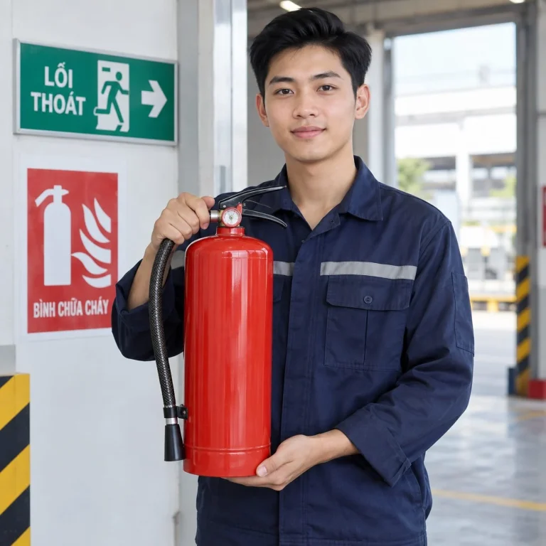 Bình chữa cháy xách tay bố trí tại lối thoát sợi thủy tinh màu đỏ cho nhà xưởng trên người mẫu Việt Nam