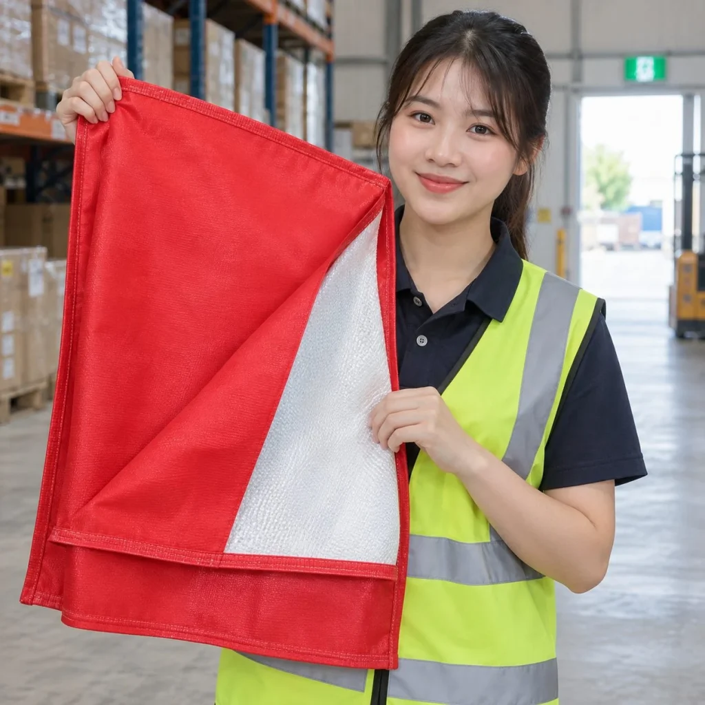 Chăn dập lửa bố trí tại lối thoát sợi thủy tinh màu đỏ cho kho hàng trên người mẫu Việt Nam