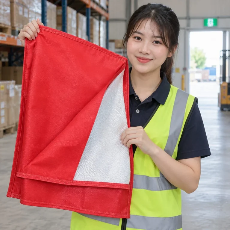 Chăn dập lửa bố trí tại lối thoát sợi thủy tinh màu đỏ cho kho hàng trên người mẫu Việt Nam