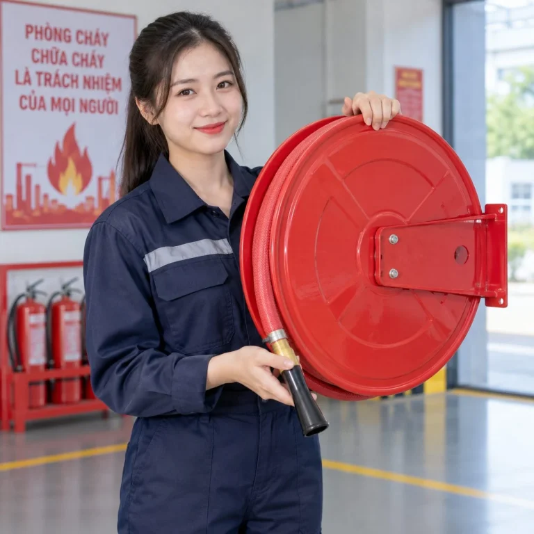 Biển báo phòng cháy dễ nhận diện sợi thủy tinh màu đỏ cho nhà xưởng trên người mẫu Việt Nam