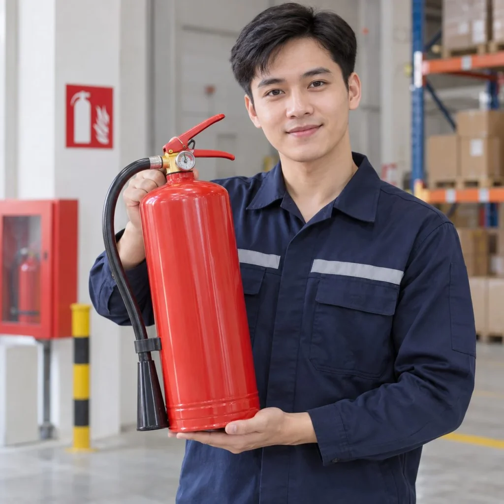 Bình chữa cháy xách tay thiết kế gọn nhựa kỹ thuật màu đỏ cho kho hàng trên người mẫu Việt Nam
