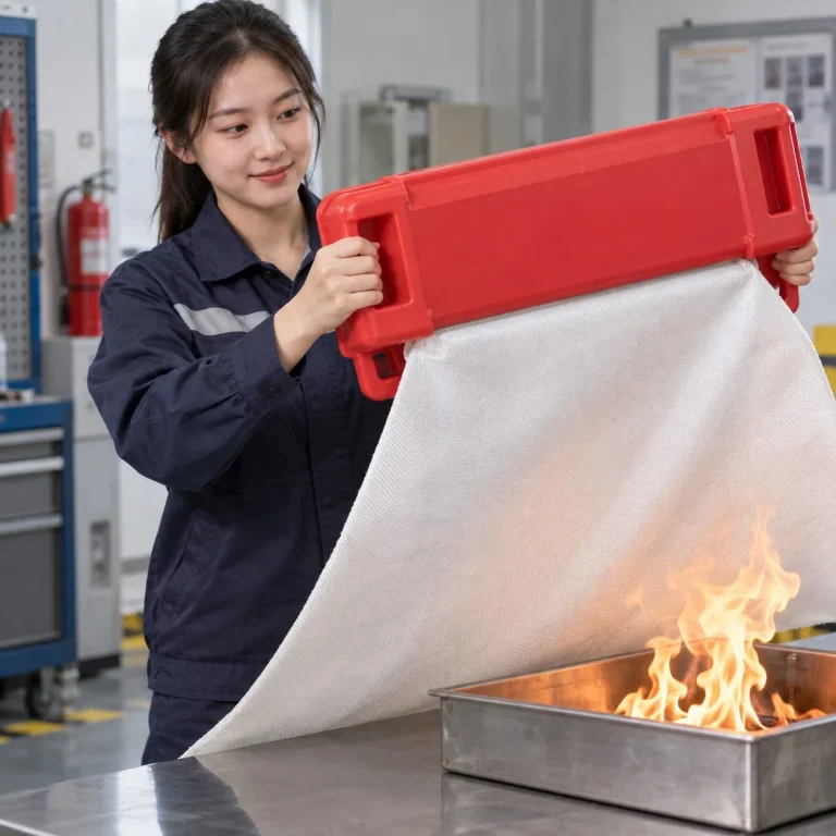 Chăn dập lửa thiết kế gọn nhựa kỹ thuật màu đỏ cho văn phòng trên người mẫu Việt Nam