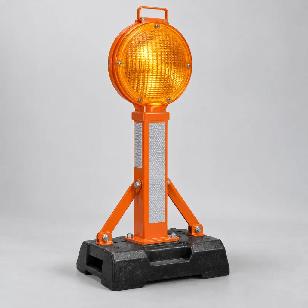 Đèn cảnh báo công trường đế nặng chống lật thép sơn tĩnh điện màu cam phản quang khoanh vùng thi công trên người mẫu Việt Nam