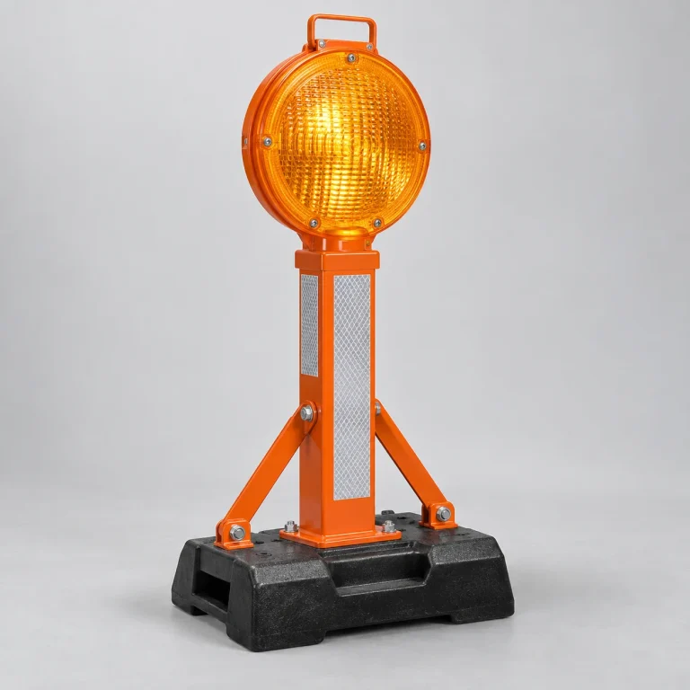 Đèn cảnh báo công trường đế nặng chống lật thép sơn tĩnh điện màu cam phản quang khoanh vùng thi công trên người mẫu Việt Nam