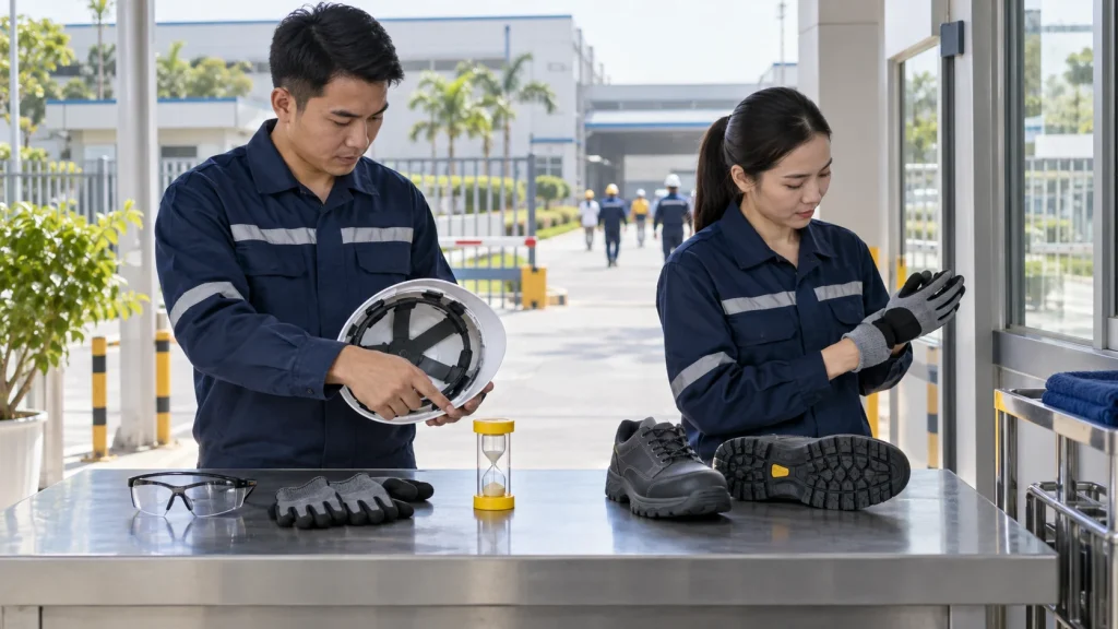 Hai công nhân kiểm tra mũ, găng tay, kính và giày bảo hộ trước ca làm việc