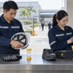 Hai công nhân kiểm tra mũ, găng tay, kính và giày bảo hộ trước ca làm việc