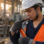 Công nhân kiểm tra nhiệt độ và độ ẩm bên trong áo phản quang tại nhà xưởng