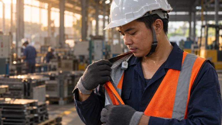 Công nhân kiểm tra nhiệt độ và độ ẩm bên trong áo phản quang tại nhà xưởng